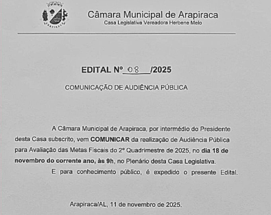 A Câmara Municipal de Arapiraca informa a realização da Audiência Pública